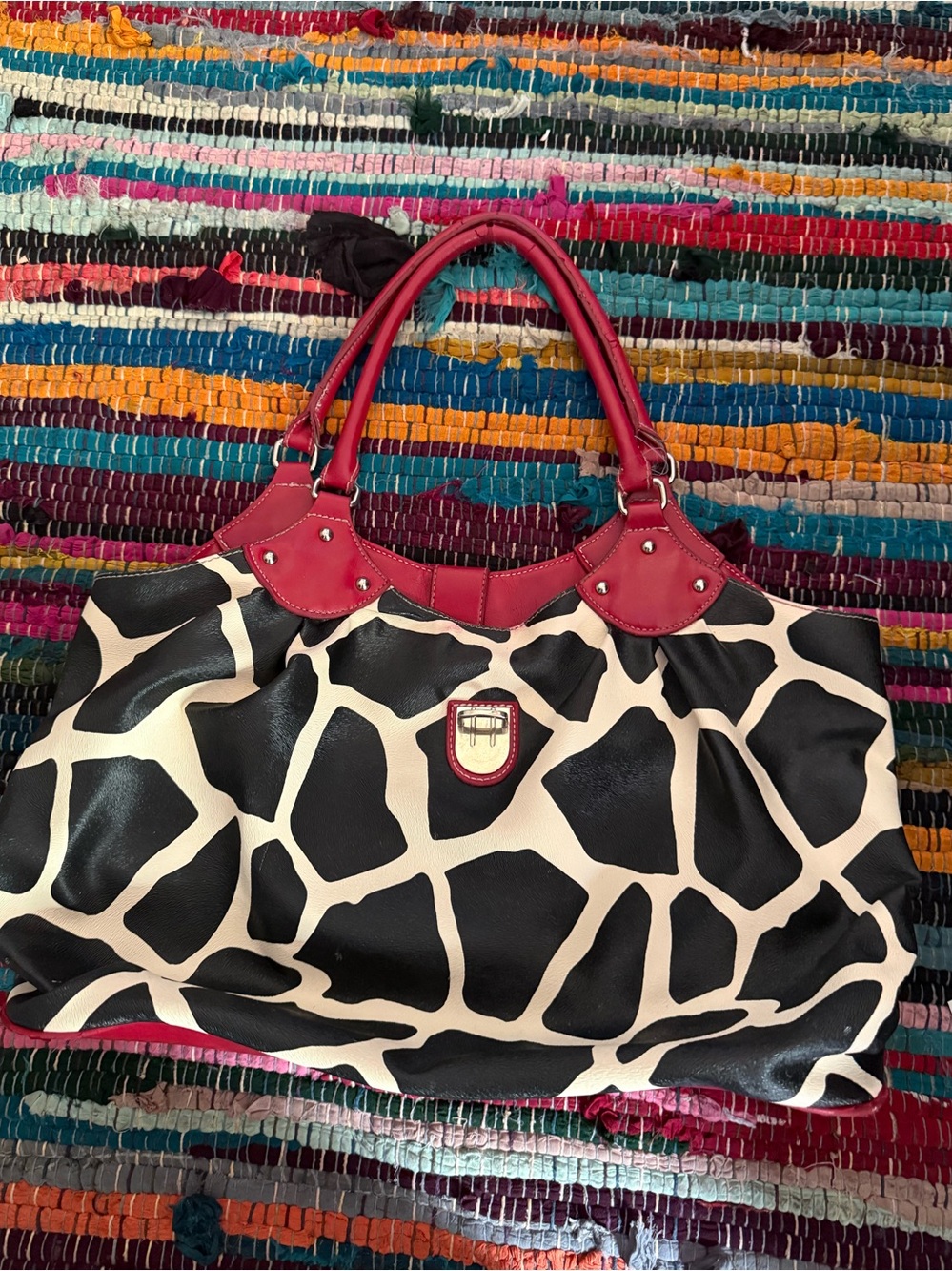 Black & White Giraffe Print Tote with Red Trim